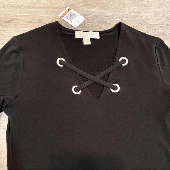 JET BLACK MICHAEL KORS FIT&FLARE DRESS-GROMMET CRISS CROSS STRAPS S NWT - Picture 11 of 16